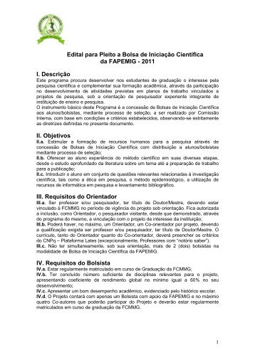 Edital para Pleito a Bolsa de Iniciação Científica da FAPEMIG - 2011 ...