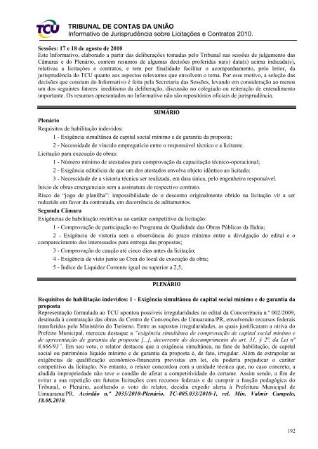 Informativo de Jurisprudência sobre Licitações e Contratos nº 01