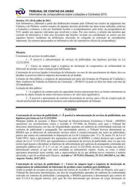 Informativo de Jurisprudência sobre Licitações e Contratos nº 01
