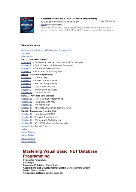 Mastering Visual Basic .Net Database Programming - 1on1help.me ...