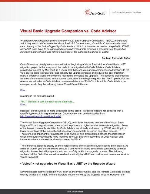 Visual Basic Upgrade Companion vs. Code Advisor - ArtinSoft