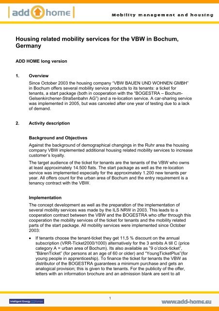 Housing related mobility services for the VBW in Bochum, Germany