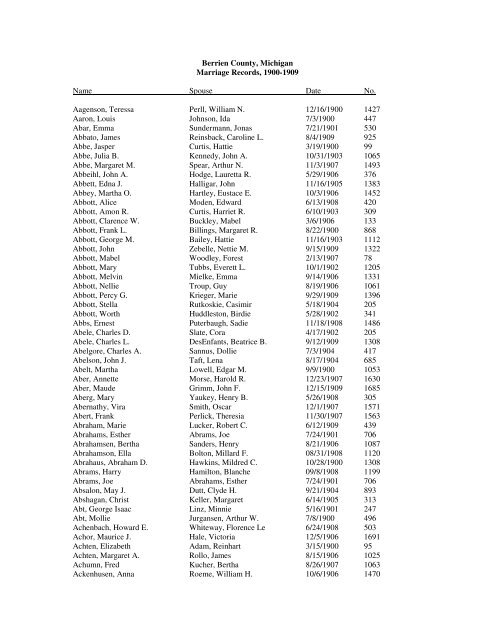 Delvis Planet retort Berrien County, Michigan Marriage Records, 1900-1909 Name ...