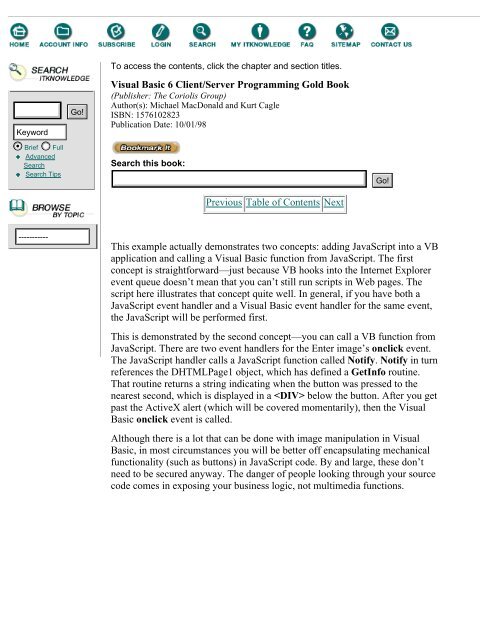 Visual Basic 6 Client/Server Programming Gold Book:Table of ...