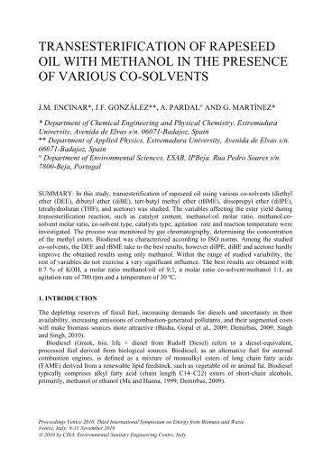 Transesterification of rapeseed oil with methanol in the