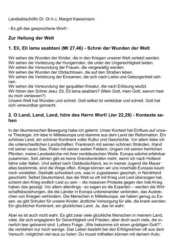 Zur Heilung der Welt 1. Eli, Eli lama asabtani (Mt 27,46) - Schrei der ...