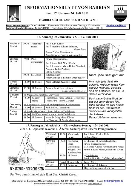 INFORMATIONSBLATT VON BARBIAN vom 17. bis zum 24. Juli 2011