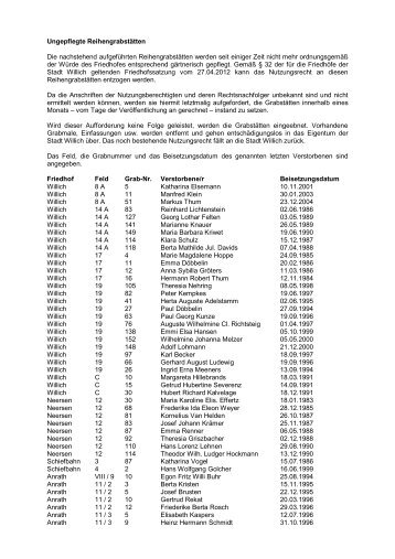 Ungepflegte Reihengrabstätten Die nachstehend ... - Stadt Willich
