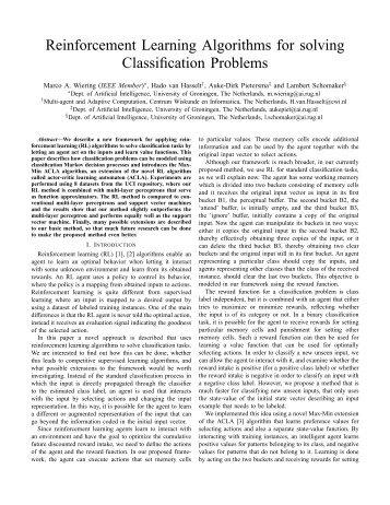 Reinforcement Learning Algorithms for solving Classification Problems