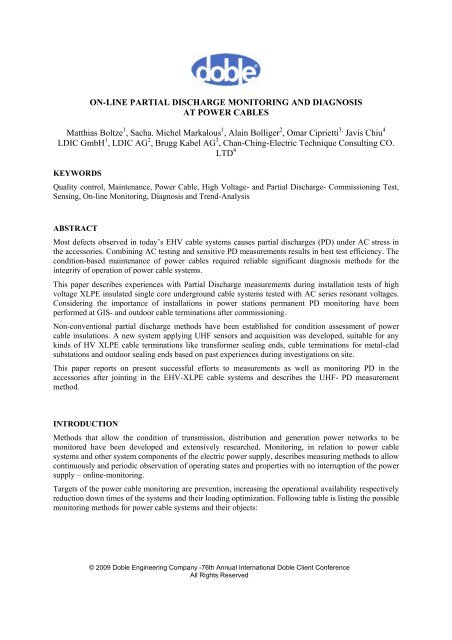 ON-LINE PARTIAL DISCHARGE MONITORING AND ... - Doble Lemke