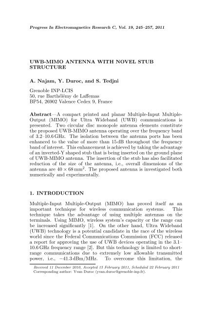 UWB-MIMO ANTENNA WITH NOVEL STUB STRUCTURE A ... - PIER