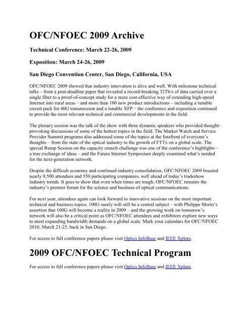 OFC/NFOEC 2009 Archive 2009 OFC/NFOEC Technical Program