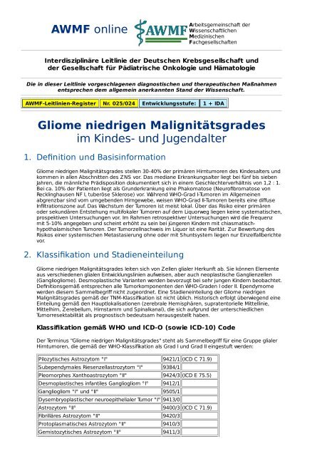 Gliome niedrigen Malignitätsgrades im Kindes- und ... - AWMF