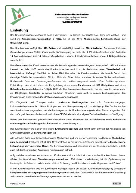 Qualitätsbericht 2004 Kreiskrankenhaus Mechernich GmbH