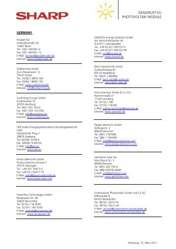 dealerlist eu photovoltaik module - Sharp Electronics Europe GmbH