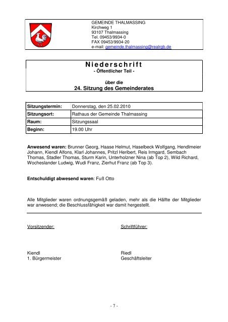 Niederschrift - Gemeinde Thalmassing