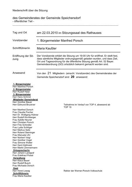 des Gemeinderates der Gemeinde Speichersdorf am 22.03.2010 im ...