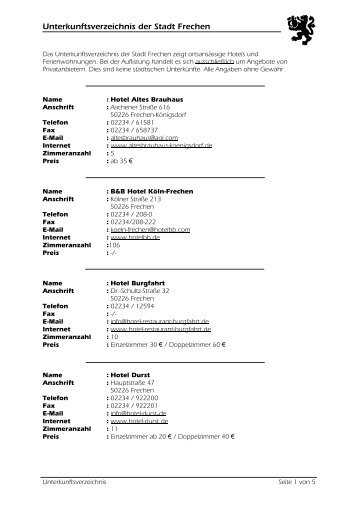 Unterkunftsverzeichnis der Stadt Frechen