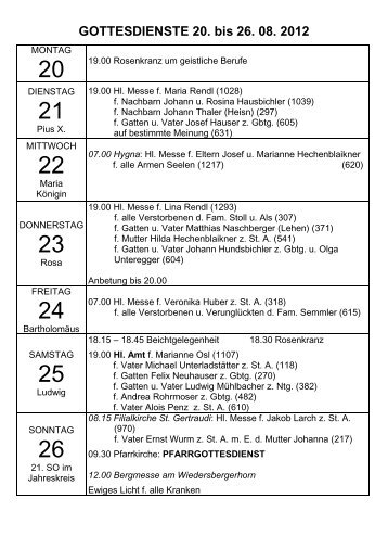 GOTTESDIENSTE 20. bis 26. 08. 2012 - Reith im Alpbachtal