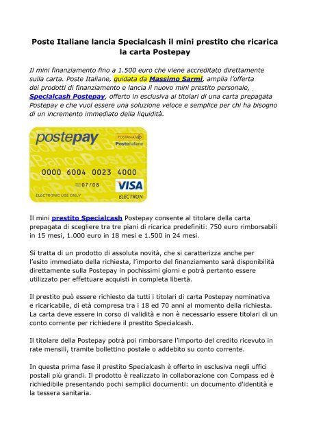 Poste Italiane lancia Specialcash il mini prestito che ricarica la carta  Postepay
