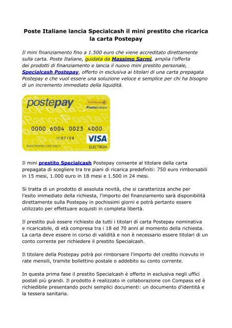 Poste Italiane lancia Specialcash il mini prestito che ricarica la carta Postepay