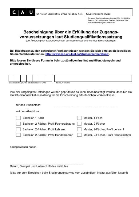 Bescheinigung über die Erfüllung der Zugangs - Studierendenservice