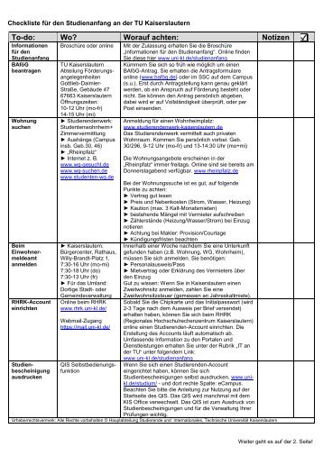 Checkliste für den Studienanfang (PDF) - Universität Kaiserslautern