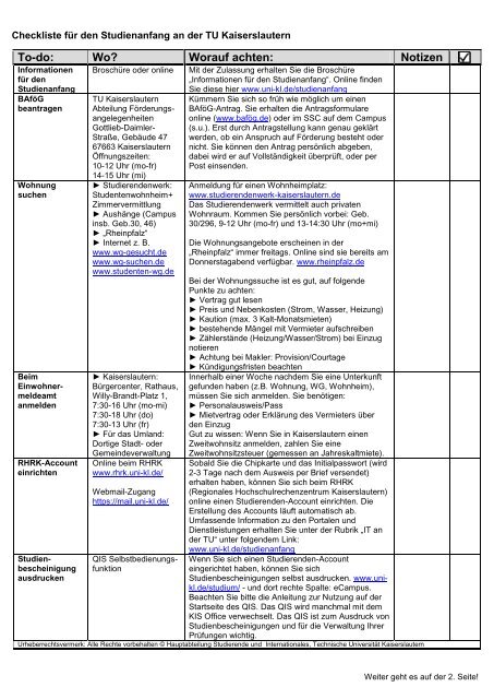 Checkliste für den Studienanfang (PDF) - Universität Kaiserslautern