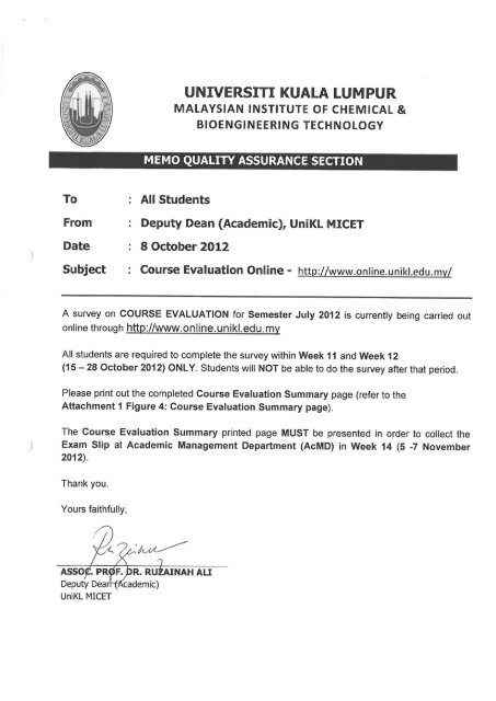 Memo Course Evaluation July 2012 - UniKL MICET E-learning