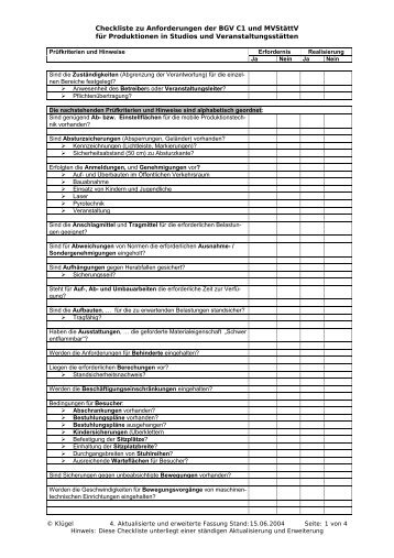 Checkliste zu Anforderungen der BGV C1 und ... - WOPE.NET
