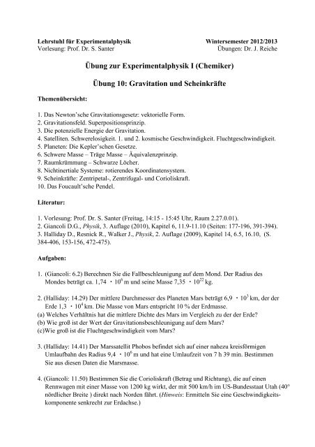 Übung zur Experimentalphysik I (Chemiker) Übung 10 ...
