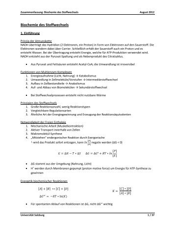 Biochemie des Stoffwechsels - StV Biologie Salzburg