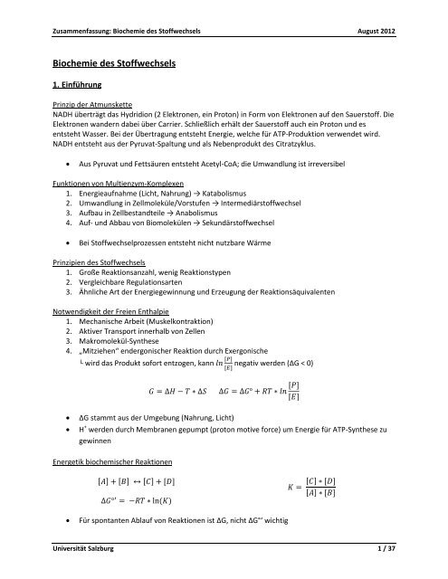 Biochemie des Stoffwechsels - StV Biologie Salzburg