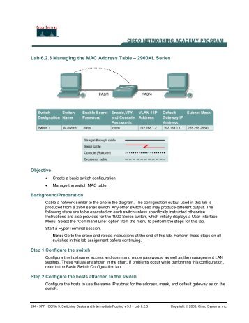 Lab 6.2.3 Managing the MAC Address Table Ã¢ÂÂ 2900XL  Series