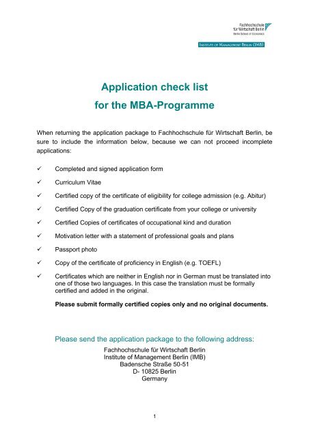 Application for the MBA-Programme