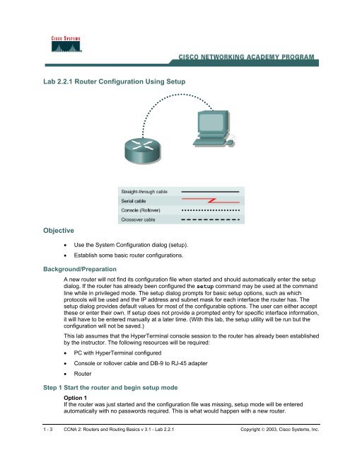 Lab 2.2.1 Router Configuration Using Setup Objective