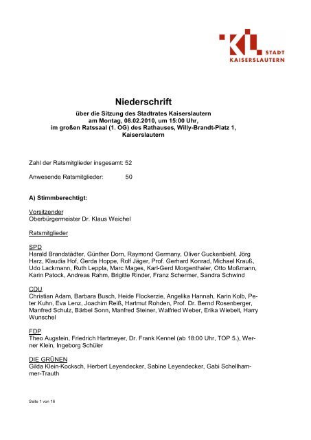 Niederschrift - Stadt Kaiserslautern