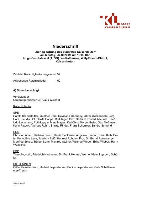 Niederschrift - Stadt Kaiserslautern