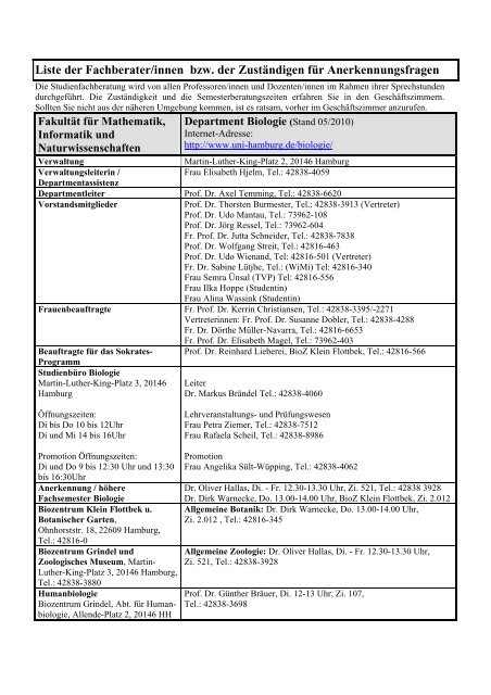 Liste Der Fachbereichsberater Innen Bzw Verwaltung Uni Hamburg
