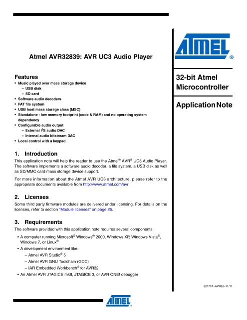 Atmel AVR32839: AVR UC3 Audio Player - Atmel Corporation