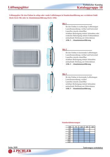 Lüftungsgitter Kataloggruppe 10 - Pichler