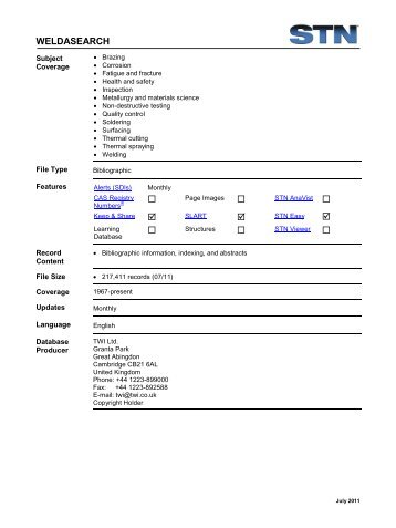 WELDASEARCH Database Summary Sheet ... - STN International