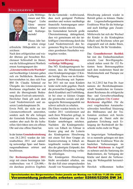 Rathausfeder - Ausgabe 1/2012 - Marktgemeinde Reichenau an der ...