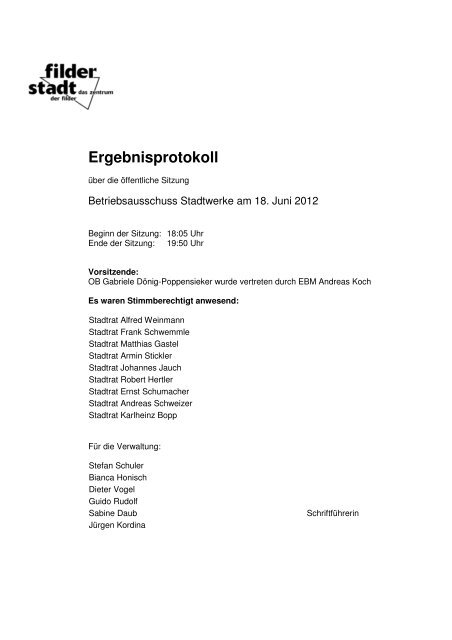 Betriebsausschuss Stadtwerke Stadt Filderstadt