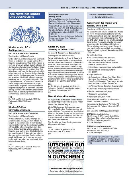 volkshochschule kunstschule programm - Stadt Filderstadt