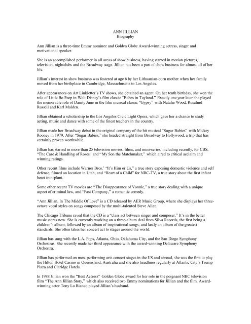 ANN JILLIAN Biography Ann Jillian is a three-time Emmy nominee