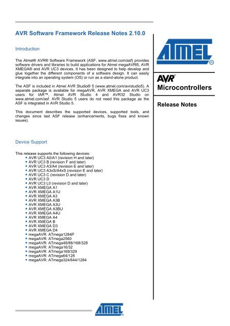 AVR Software Framework Release Notes 2.10.0 - Atmel Corporation