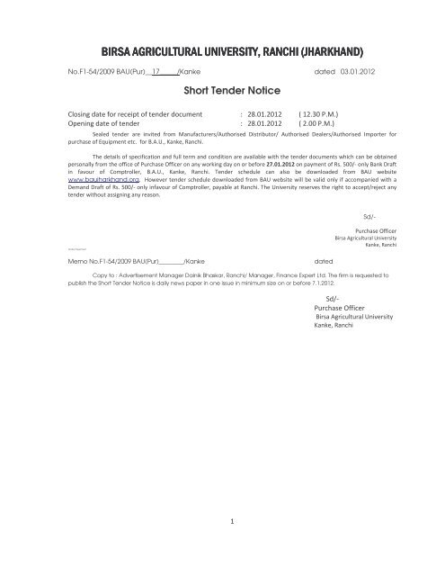 Short Tender Notice - Birsa Agricultural University