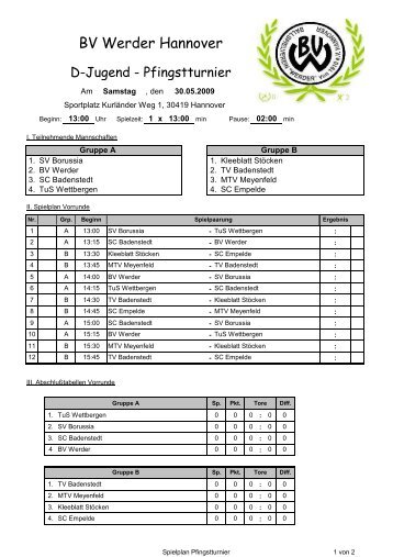 Spielplan Pfingstturnier - BV Werder Hannover