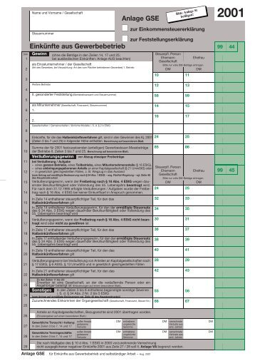 Anlage GSE Einkünfte aus Gewerbebetrieb - Finanzamt